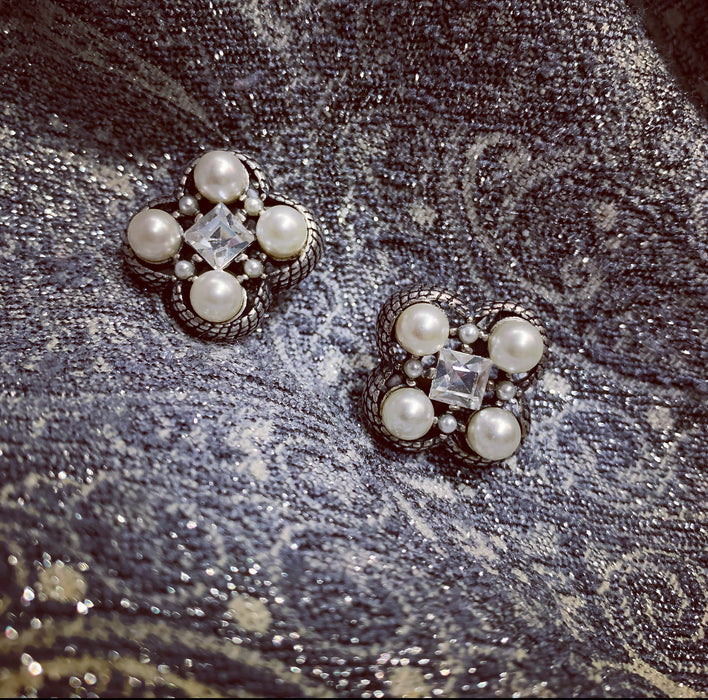 Quatrefoil Pearl Clear Crystal Clip On Earrings by Askew London