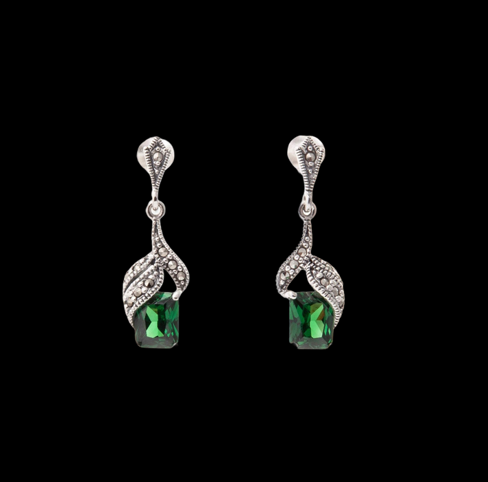 Art Deco Earrings Emerald Green Silver Marcasite  Crystal - The Hirst Collection