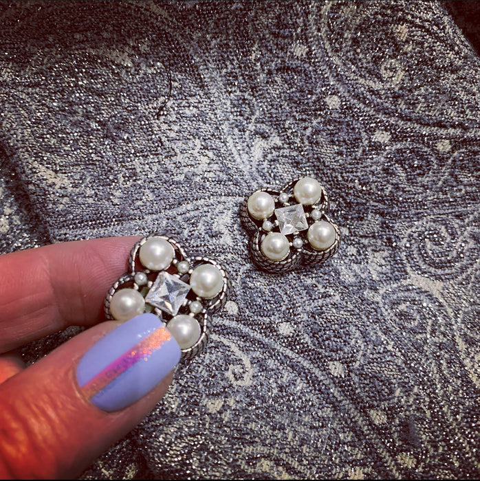 Quatrefoil Pearl Clear Crystal Clip On Earrings by Askew London