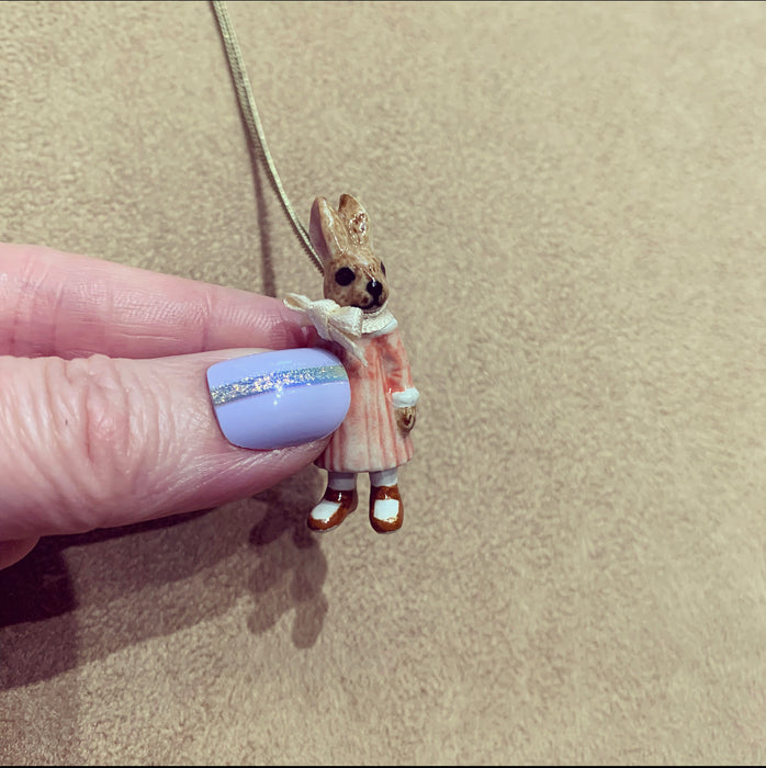 Bunny Girl in a Pink Dress Brown Rabbit Pendant by And Mary - The Hirst Collection