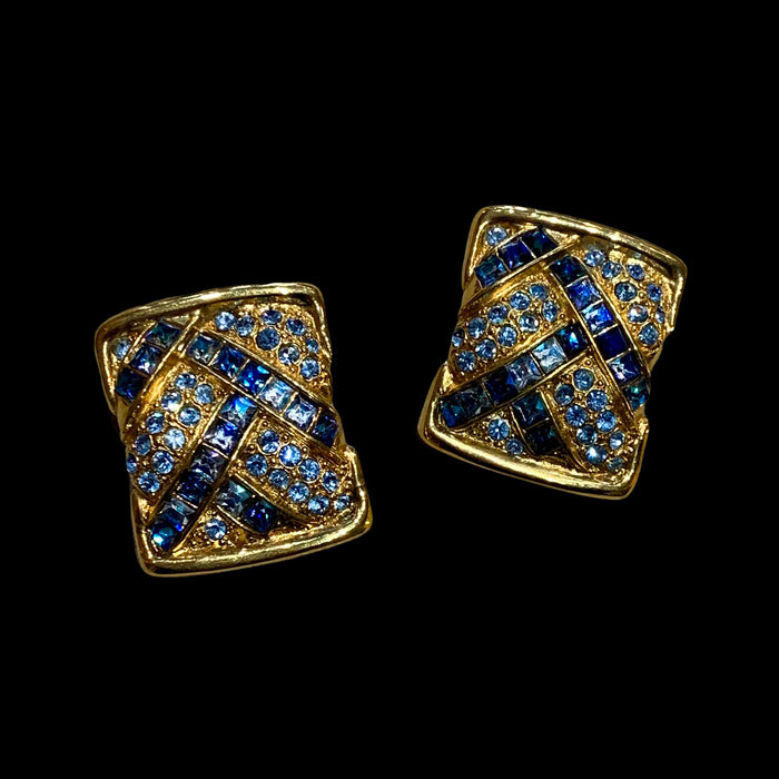 Yves Saint Laurent  Vintage Clip On Earrings Gold Blue Crystal Sqaure - The Hirst Collection