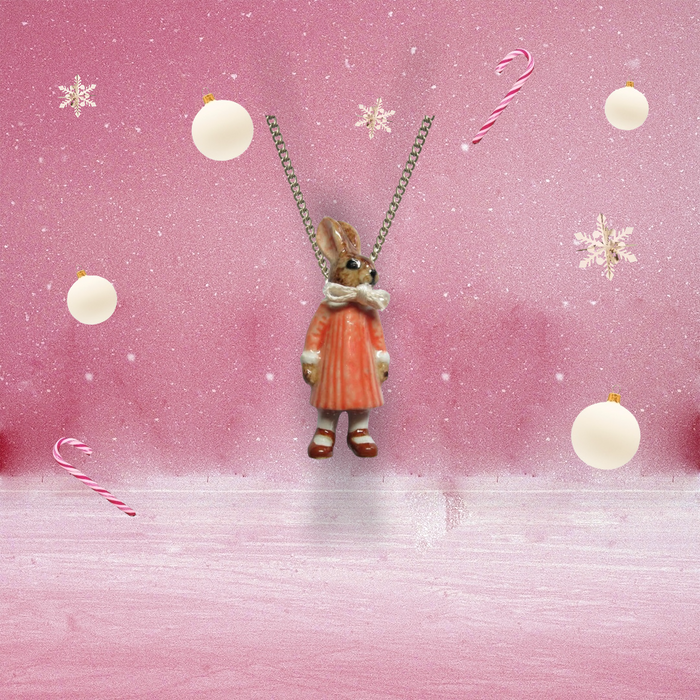 Bunny Girl in a Pink Dress Brown Rabbit Pendant by And Mary
