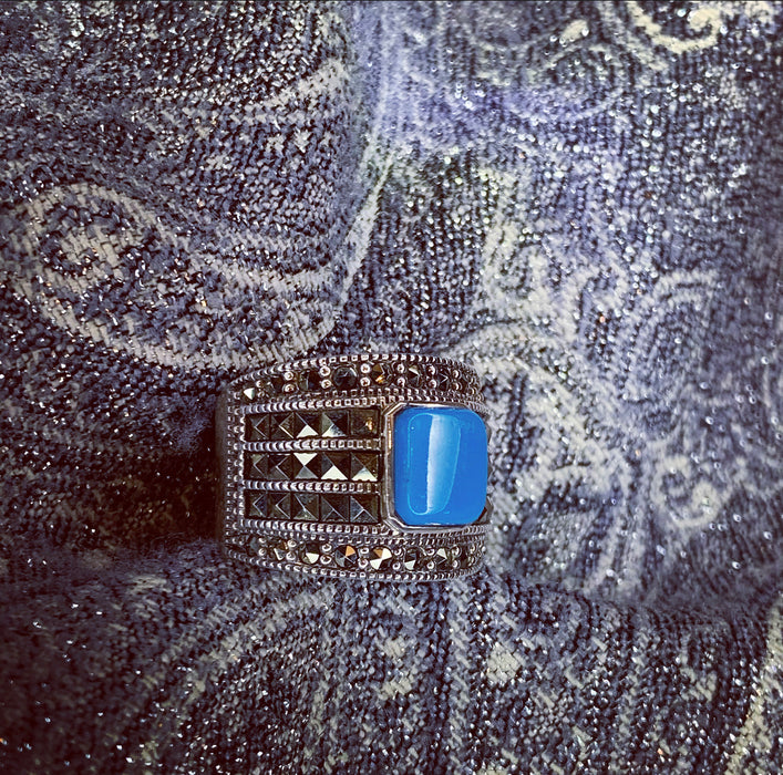 Art Deco Ring Silver Turquoise Marcasite - The Hirst Collection