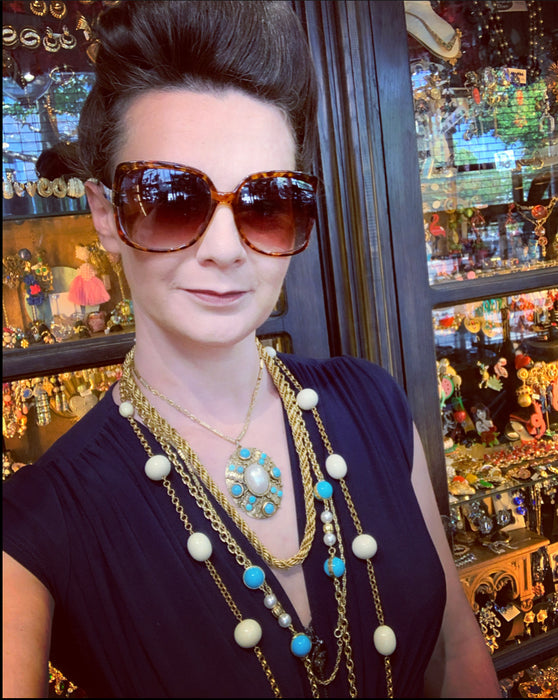 Dior Long gold sautoir chain with Glass Turquoise and Pearl - The Hirst Collection