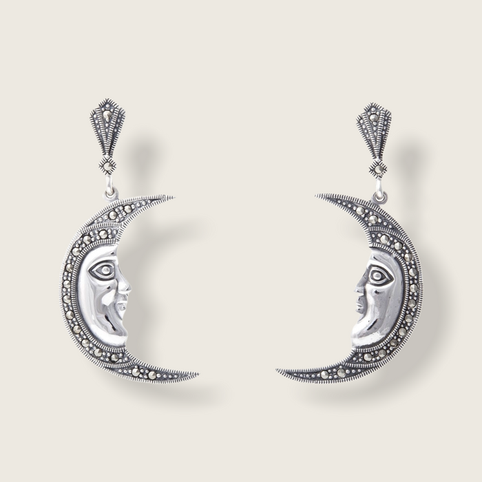 Moon Face Earrings Silver Marcasite Large - The Hirst Collection