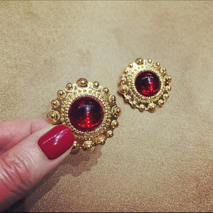 Large red and gold vintage glass clip on earrings beaded dot trim