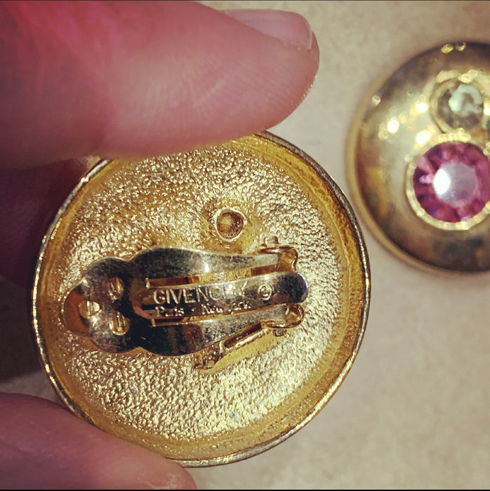 Givenchy Vintage gold clip on earrings with pastel crystals - The Hirst Collection