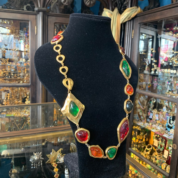 Yves Saint Laurent Large Statement Necklace red green orange Gripoix glass Rive Gauche - The Hirst Collection