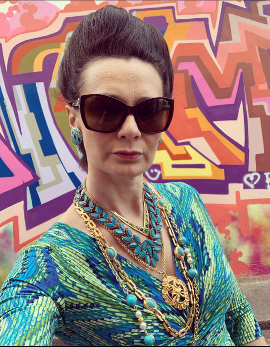 Dior Long gold sautoir chain with Glass Turquoise and Pearl - The Hirst Collection