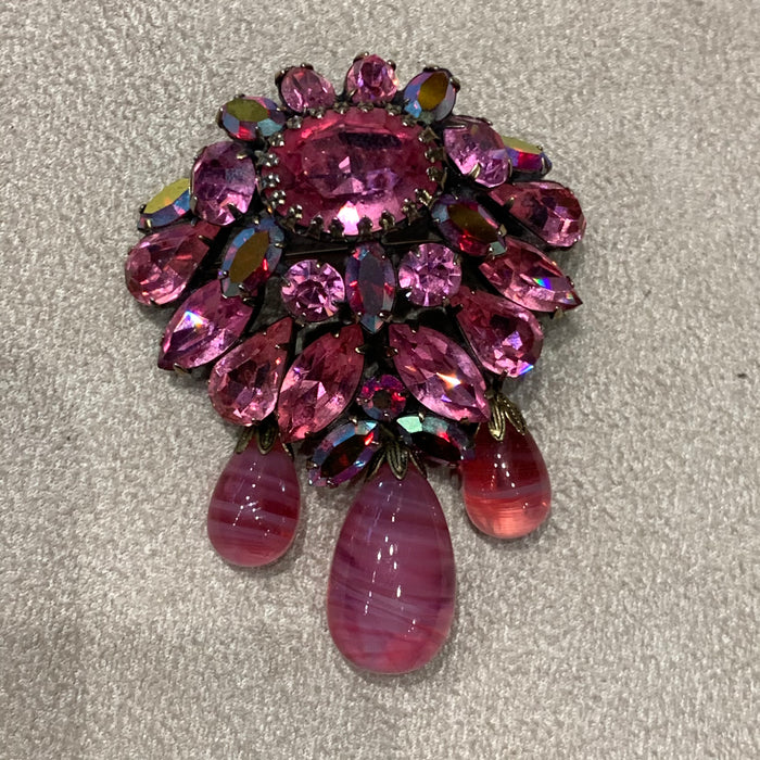 Pink crystal vintage brooch with triple drop - The Hirst Collection