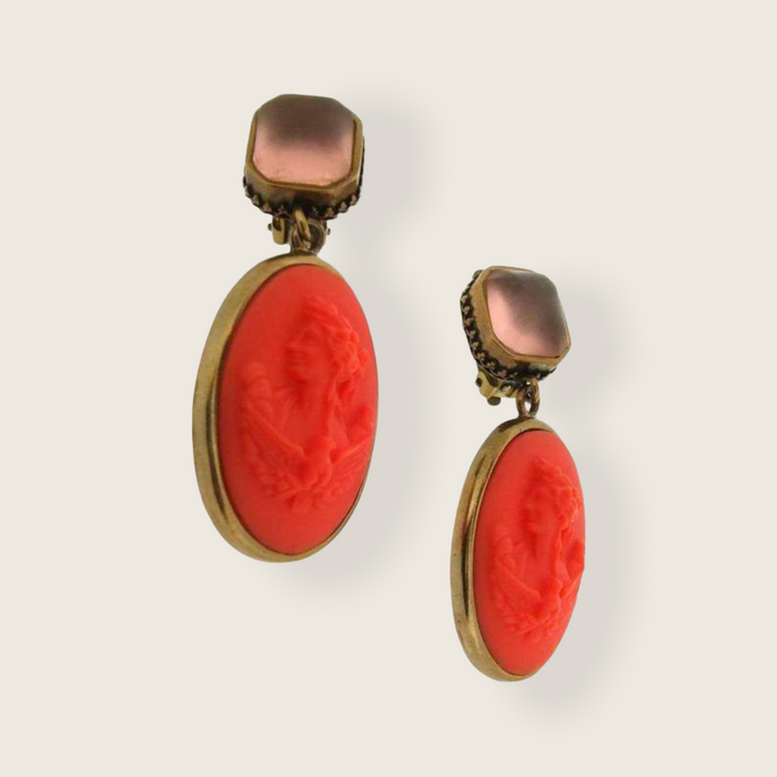 Extasia Cameo Earrings Coral German Glass Bronze Pink Swarovski Crystal Clip On - The Hirst Collection