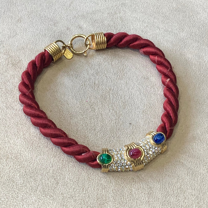 Christian Dior emerald ruby sapphire glass necklace on red cord - The Hirst Collection