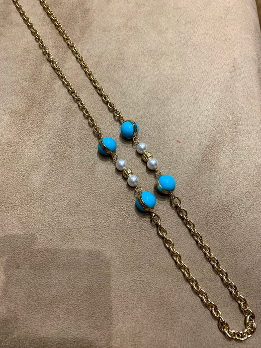 Dior Long gold sautoir chain with Glass Turquoise and Pearl - The Hirst Collection