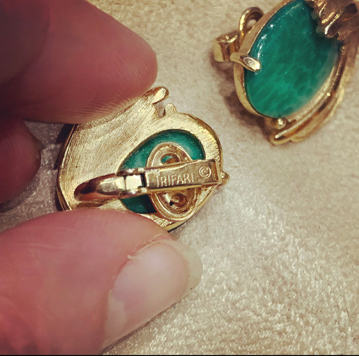 Trifari Vintage Jade glass clip on oval earrings - The Hirst Collection