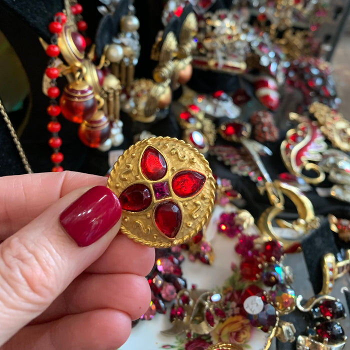 Red Round Earrings by Rima Ariss Clip On Gold