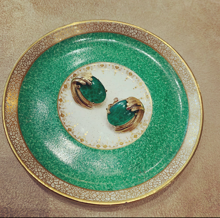 Trifari Vintage Jade glass clip on oval earrings - The Hirst Collection