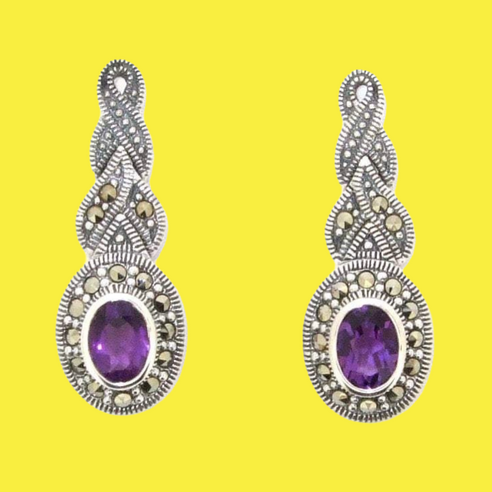 Amethyst silver Marcasite plait oval Earrings - The Hirst Collection