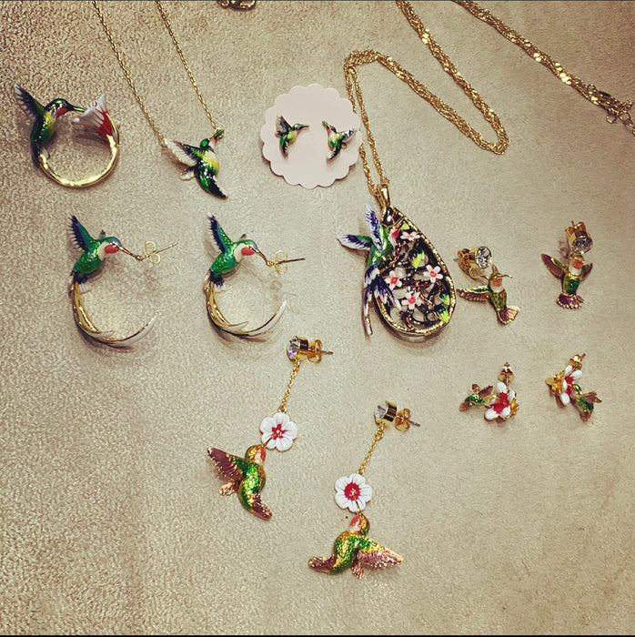 Hummingbird pendant necklace by Bill Skinner with blue green enamel - The Hirst Collection