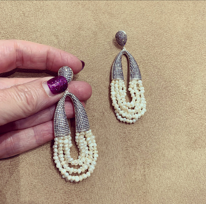 Natural waterfall pearl and clear crystal pave earrings - The Hirst Collection