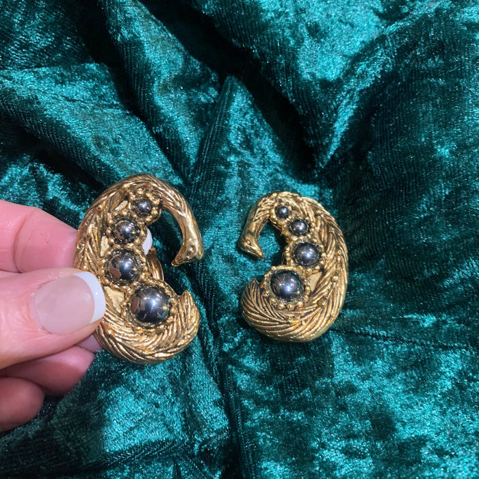 Gold, hematite glass Statement Clip On Bird Earrings by Abbey Road Unsigned