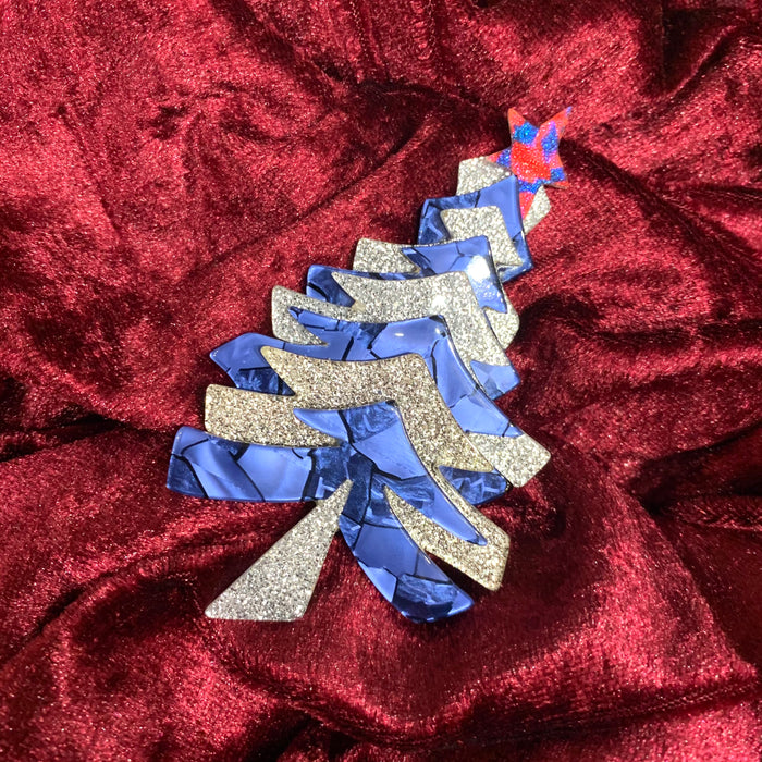 Lea Stein Christmas tree brooch in silver and blue - The Hirst Collection