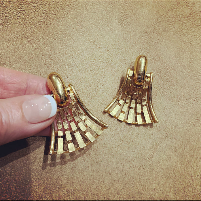 Monet Vintage Fan Drop Gold Clip On Earrings