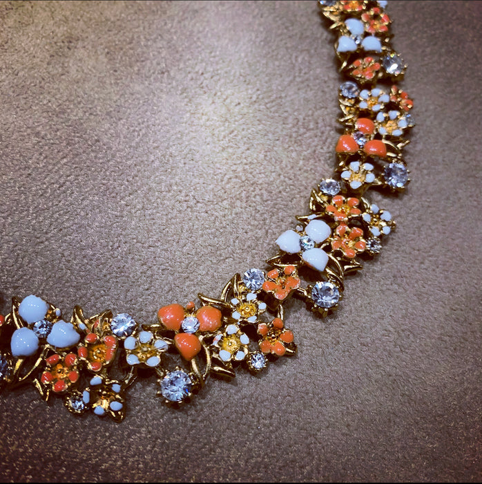Coral and White floral enamel necklace