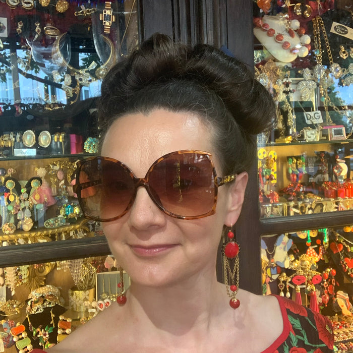 Askew London Clip on Chandleier Earrings Gold Red Statement Unsigned - The Hirst Collection