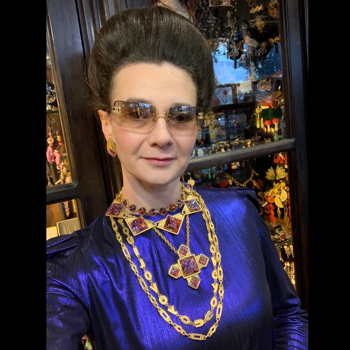 YSL Necklace Gold Pink Purple Dichroic Glass Statement Yves Saint Laurent Vintage - The Hirst Collection