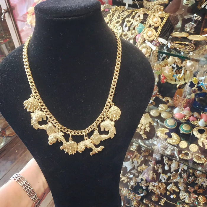 Vintage Ocean life fish gold charm necklace