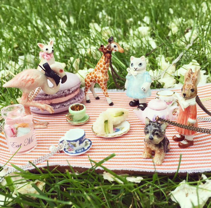 Bunny Girl in a Pink Dress Brown Rabbit Pendant by And Mary