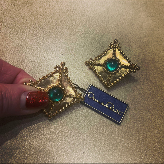 Green square clip on earrings by Oscar de la Renta - The Hirst Collection