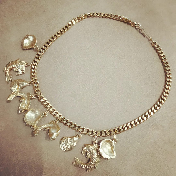 Vintage Ocean life fish gold charm necklace
