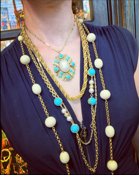 Dior Long gold sautoir chain with Glass Turquoise and Pearl - The Hirst Collection