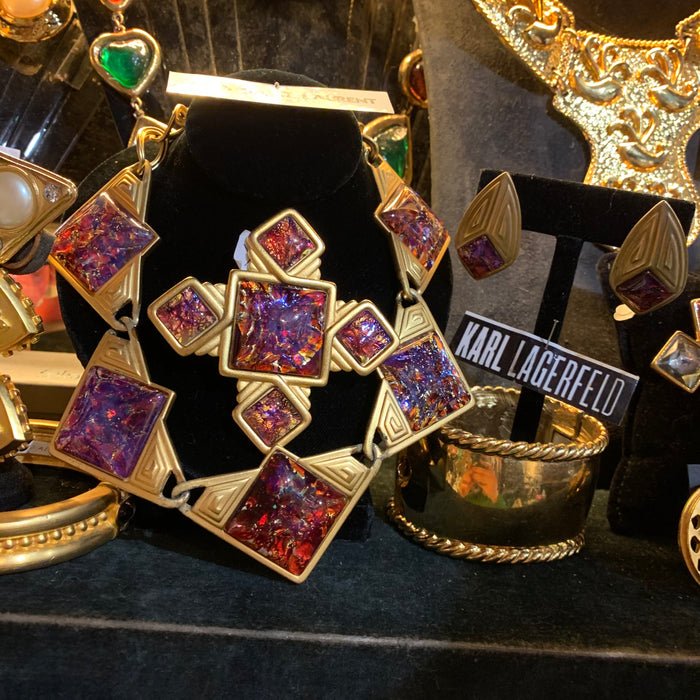 YSL Necklace Gold Pink Purple Dichroic Glass Statement Yves Saint Laurent Vintage - The Hirst Collection