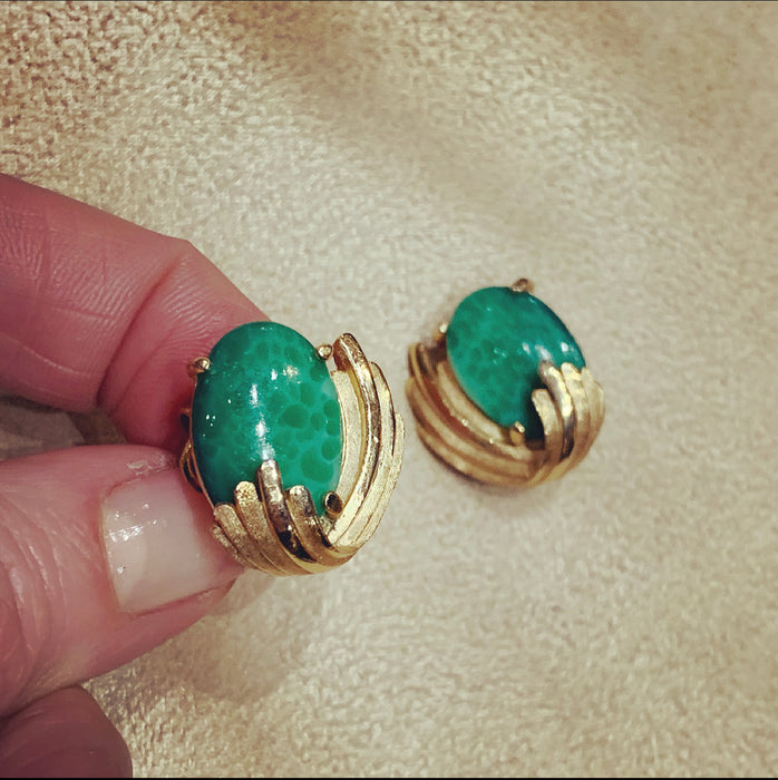 Trifari Vintage Jade glass clip on oval earrings - The Hirst Collection