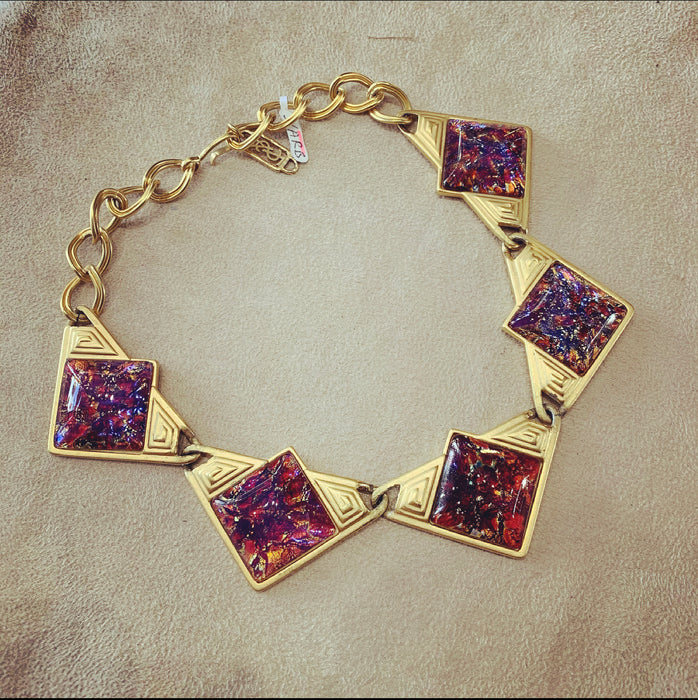 YSL Necklace Gold Pink Purple Dichroic Glass Statement Yves Saint Laurent Vintage - The Hirst Collection
