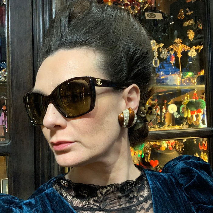 Ciner Vintage Art Deco Earrings Gold / Brown enamel Clip On - The Hirst Collection