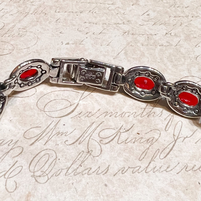 Marcasite Silver and Red Cubic Zirconia Oval stone Tennis Bracelet