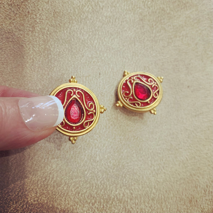 Red Round Earrings by Rima Ariss Clip On Gold - The Hirst Collection