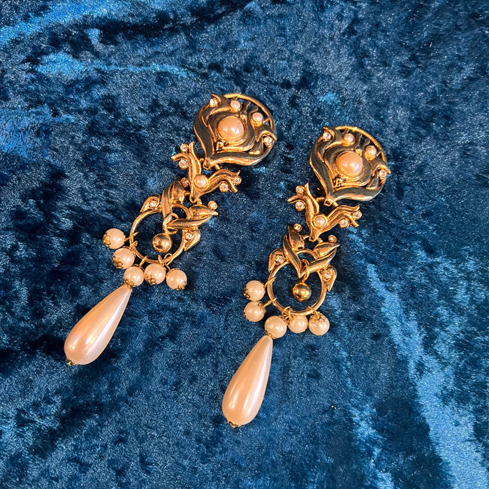 Abbey Road Pearl and Gold Chandelier Statement Earrings