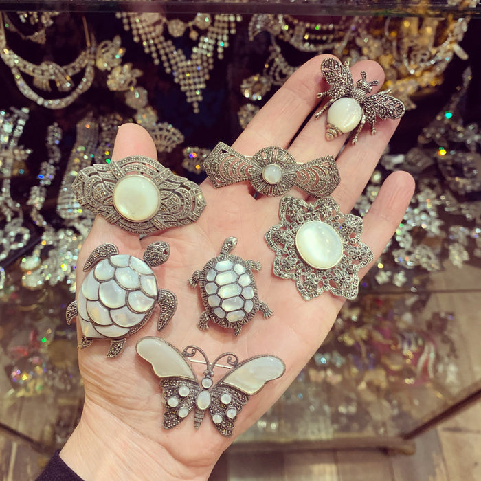 Mother of Pearl Turtle Brooch silver Marcasite - The Hirst Collection