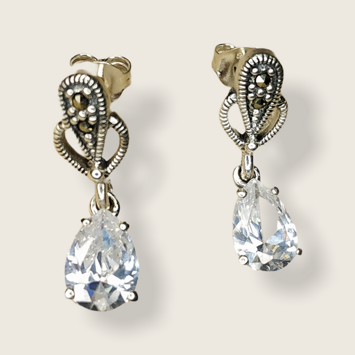Clear Crystal Earrings Teardrop Silver Marcasite - The Hirst Collection