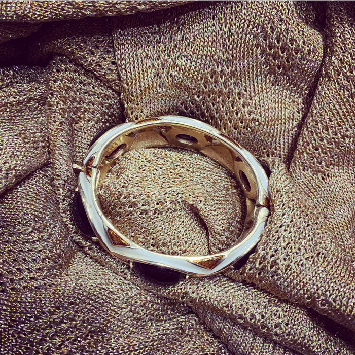 Trifari white enamel Amber brown clamper bangle