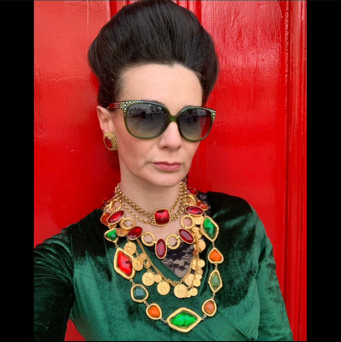 Yves Saint Laurent Large Statement Necklace red green orange Gripoix glass Rive Gauche - The Hirst Collection