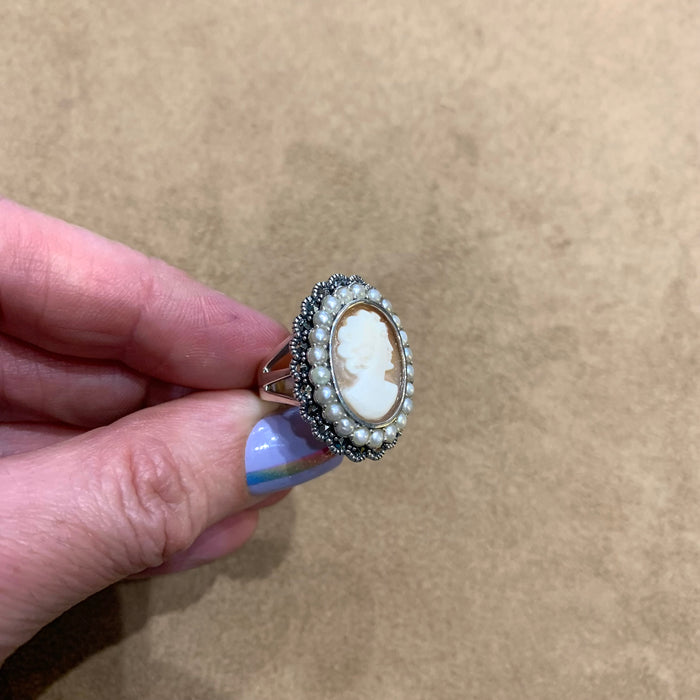 Cameo Ring Silver Freshwater Pearl Marcasite - The Hirst Collection