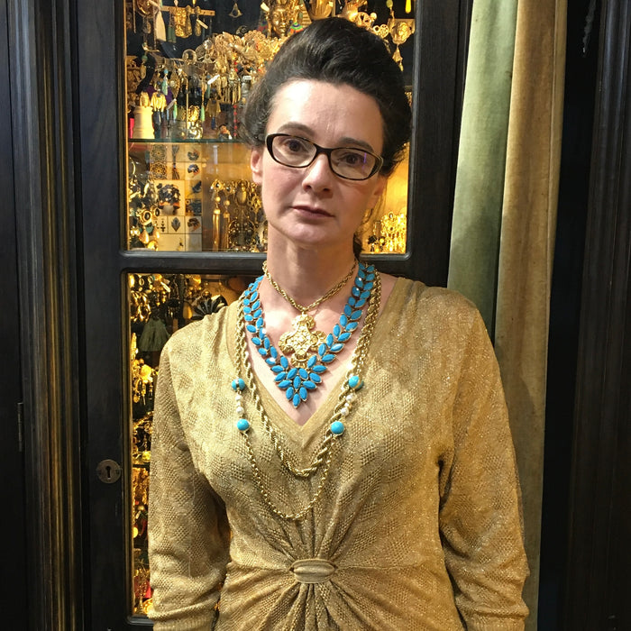 Dior Long gold sautoir chain with Glass Turquoise and Pearl