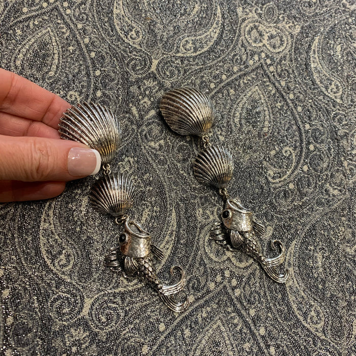 Large Statement silver fish shell earrings - The Hirst Collection