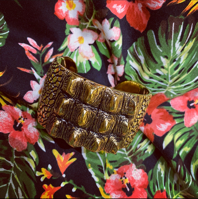 Saint Laurent Cuff Bracelet in crocodile skin effect Gold Plated