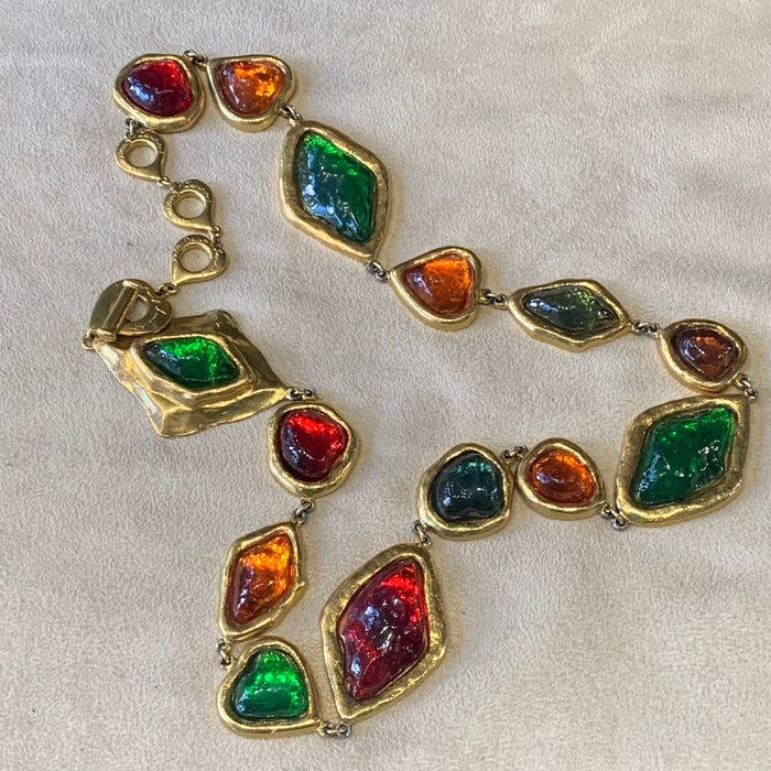 Yves Saint Laurent Large Statement Necklace red green orange Gripoix glass Rive Gauche - The Hirst Collection